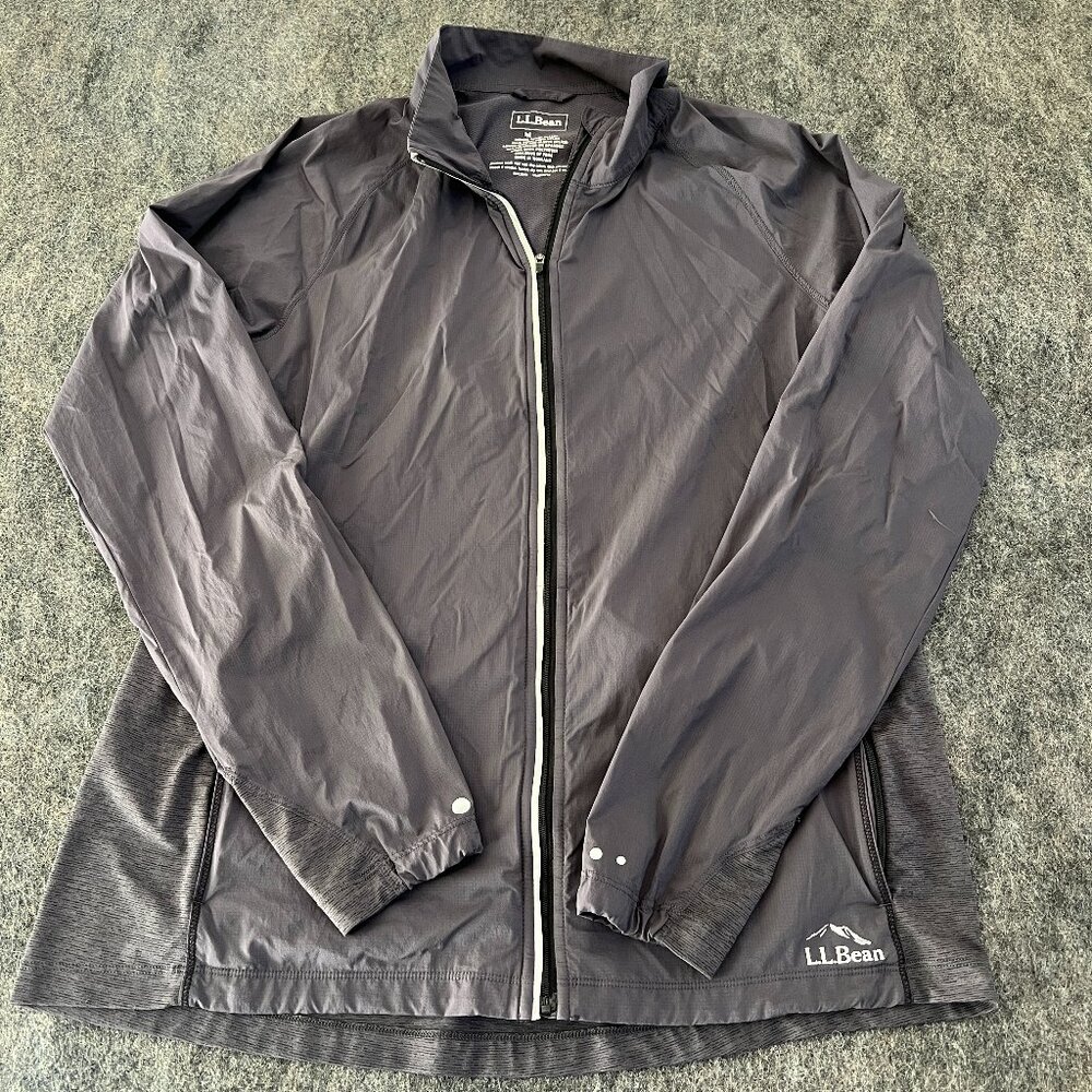 LL Bean Womens Medium Jacket Windbreaker Reflective Stripes Dark Gray Full Zip